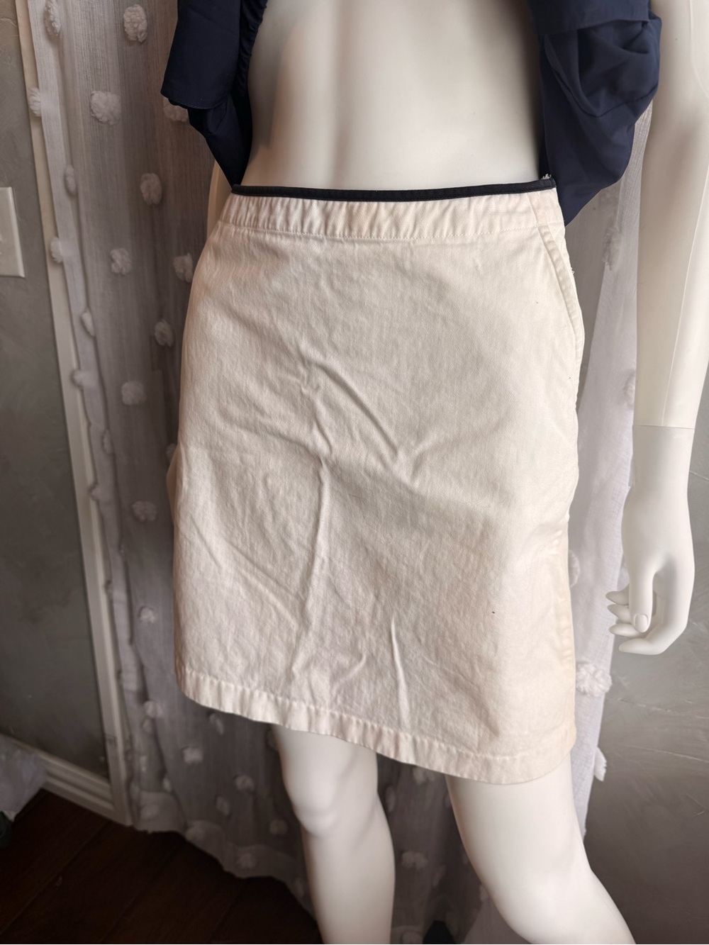 Petite Sophisticate Cream Pencil Skirt with Black Waist Trim
